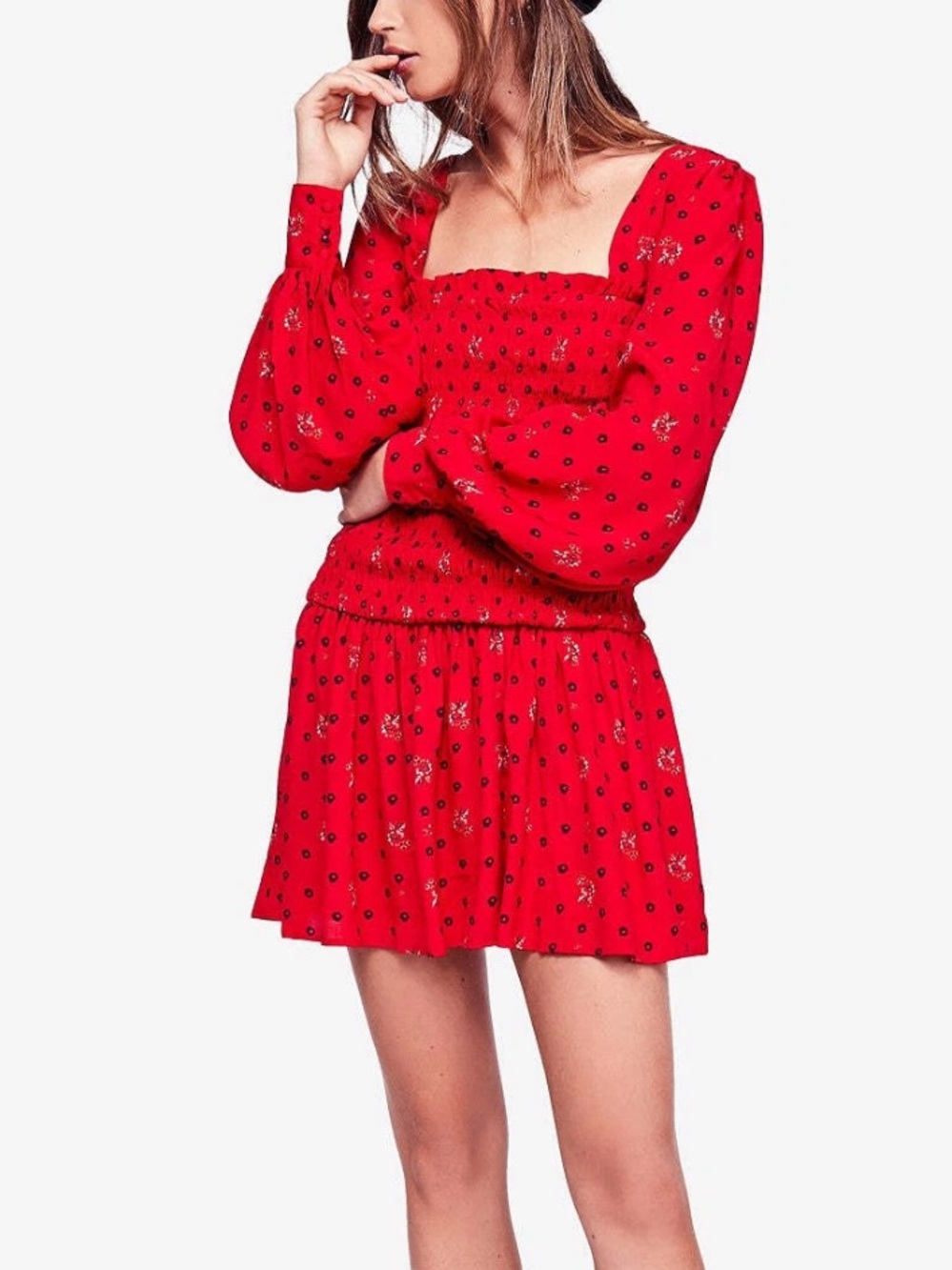 Free People Two Faces Printed Smocked Mini Dress Red S EUC $128